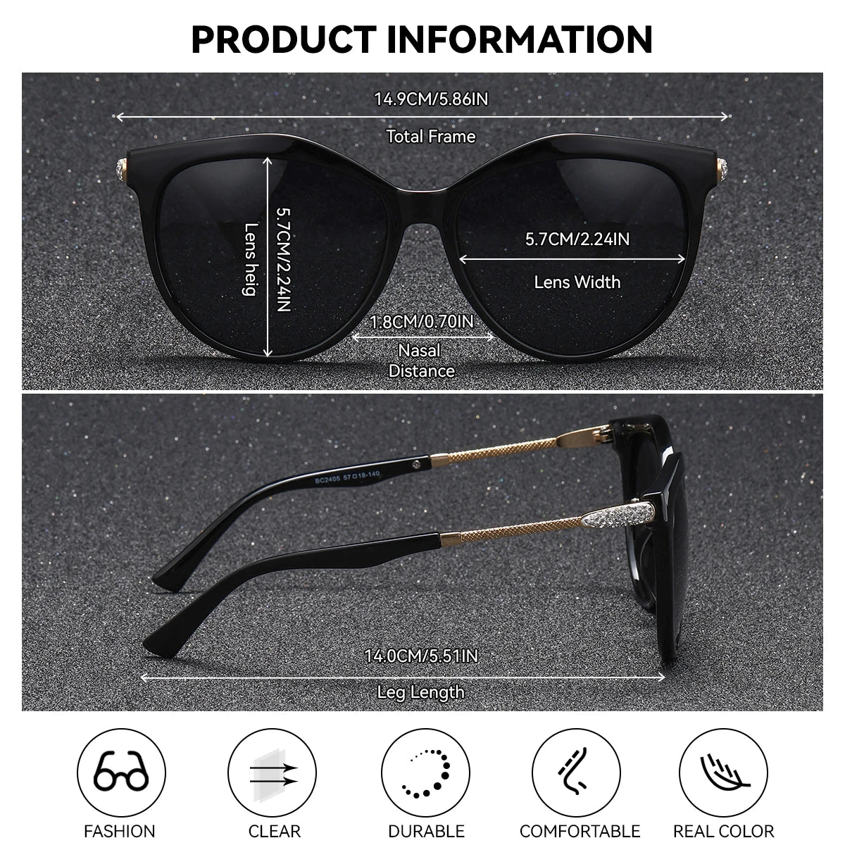 Gafas de Sol Ojo de Gato Oversized Polarizadas – Patillas con Cristales, Caja Regalo, Mujer