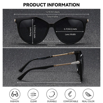 Gafas de Sol Ojo de Gato Oversized Polarizadas – Patillas con Cristales, Caja Regalo, Mujer