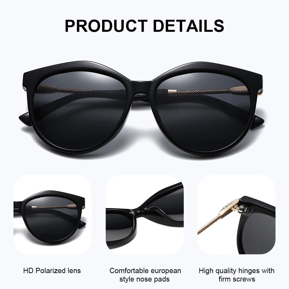Gafas de Sol Ojo de Gato Oversized Polarizadas – Patillas con Cristales, Caja Regalo, Mujer